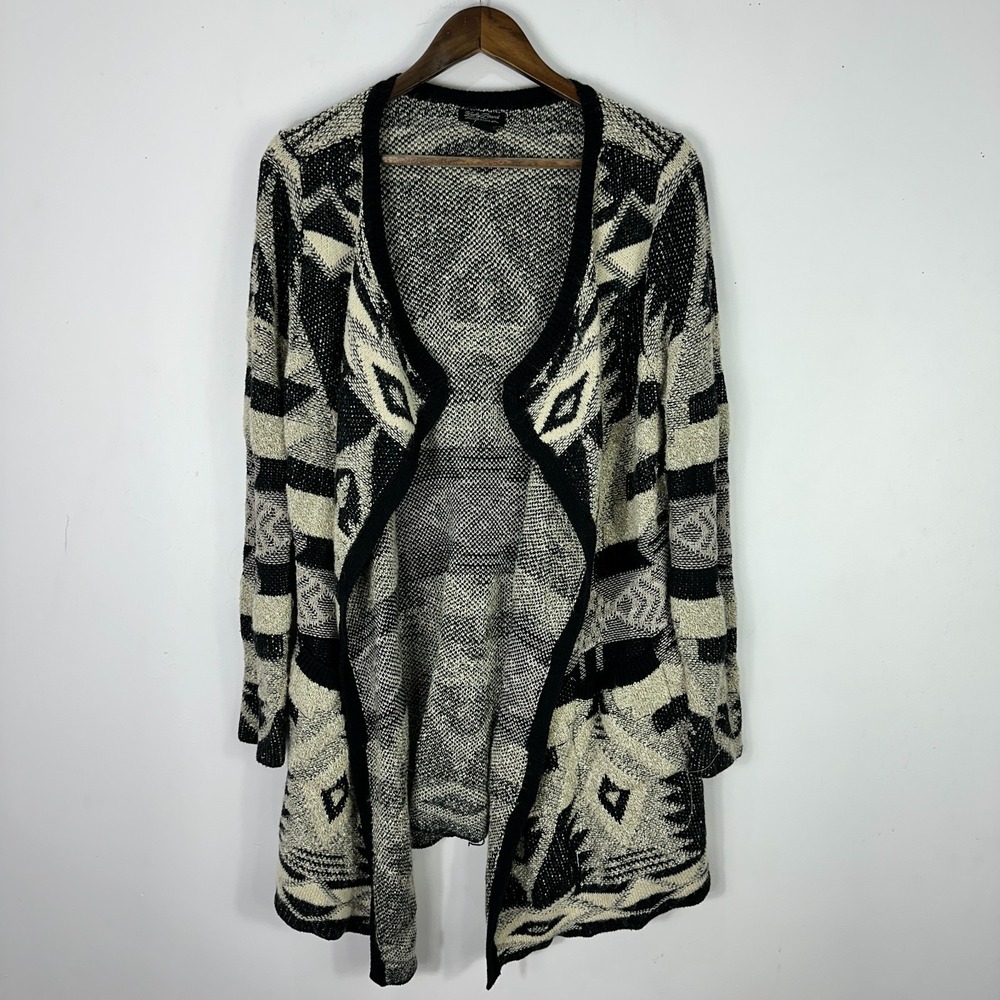 Lucky Brand Cardigan L Black Beige Aztec Southwest Boho Festival Open Front Cozy